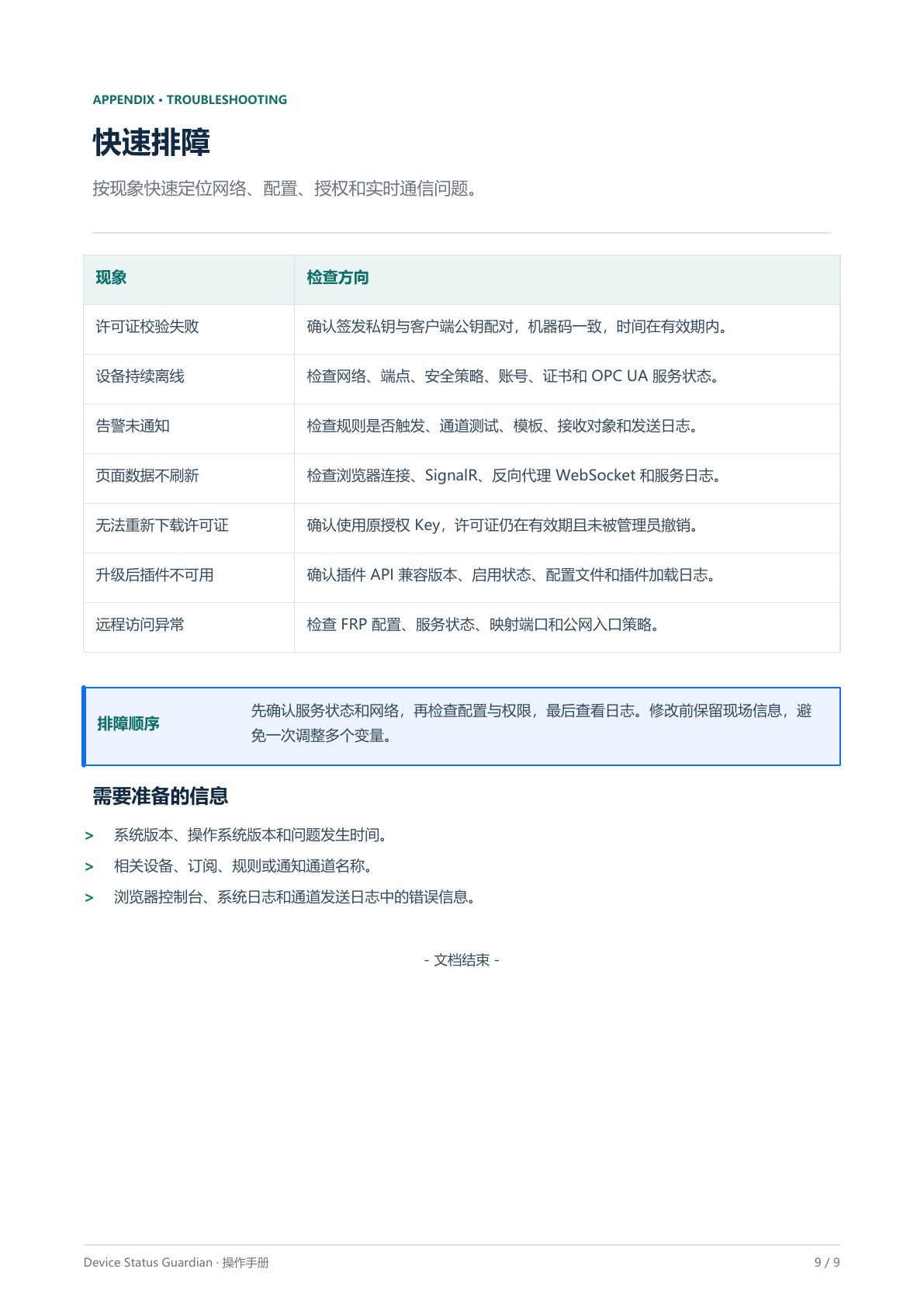 操作手册第 9 页：快速排障